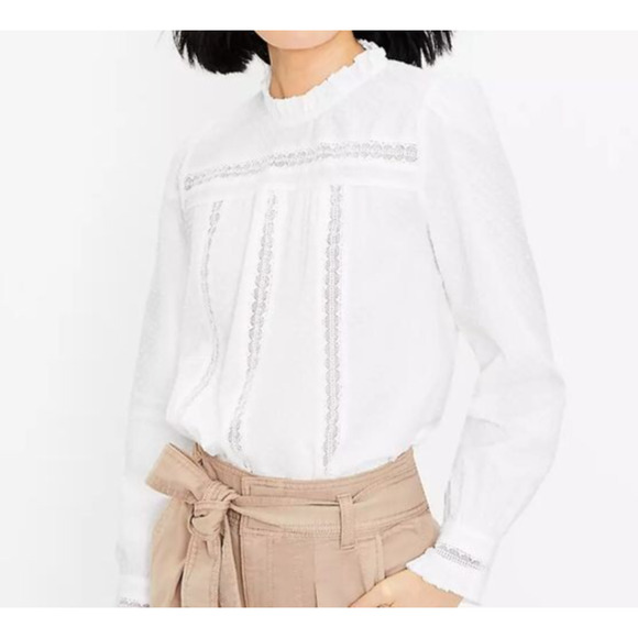 Loft White Clip Lace Trim Ruffle Blouse in Swiss Dot with Lace Inserts, small - Picture 2 of 10